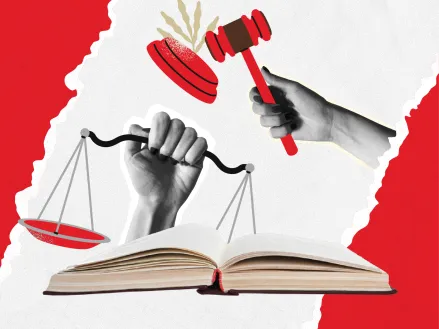 Clip art collage including the scales of justice and a hand banging a gavel, indicating due process.
